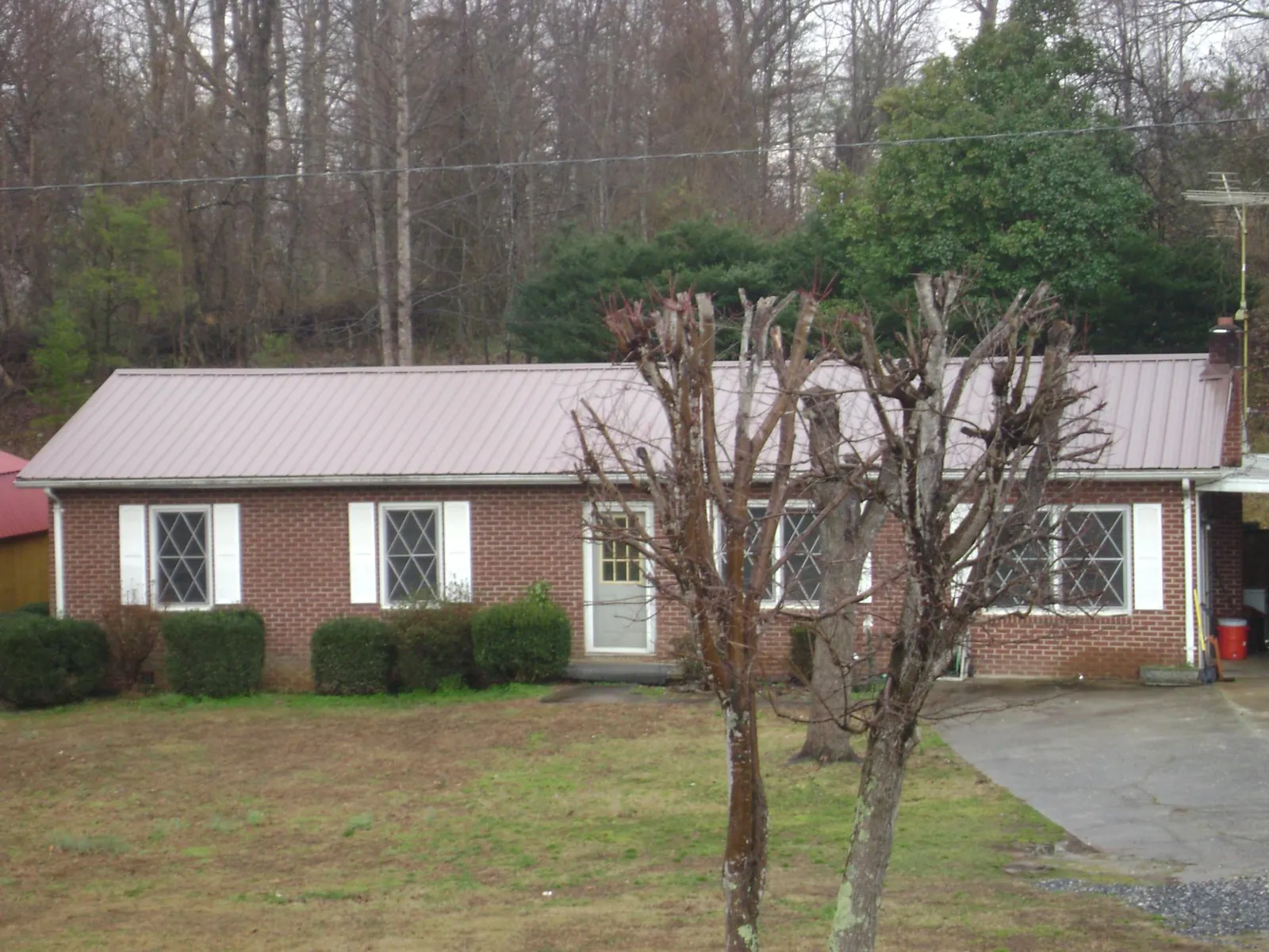 Mauve metal roof on a brick ranch home behind bare trees in Sardis